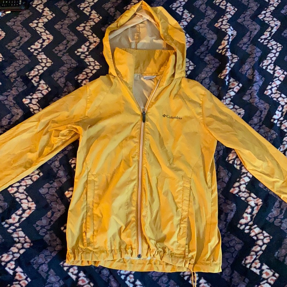 Columbia, sized XS jacket that’s hood can be tucked into.